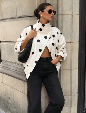 Chaqueta Bomber Casual Chic con Estampado de Lunares para Mujer, Manga Larga, Bolsillos, Abrigo Corto Elegante, Ropa de Calle de Otoño Y2K, Prenda Ex - Shein - FashionsVida
