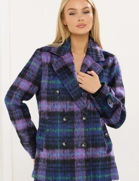 Women's Check Print Pea Coat in Purple Size: 10 - Purple - Size: 10 - Star by Julien Macdonald - FashionsVida