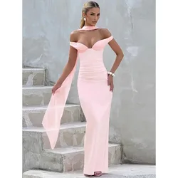 Sexy Elegant Ribbon Maxi Dress For Women Strapless Off-shoulder Sleeveless Backless Fashion Patchwork Party Long Dress