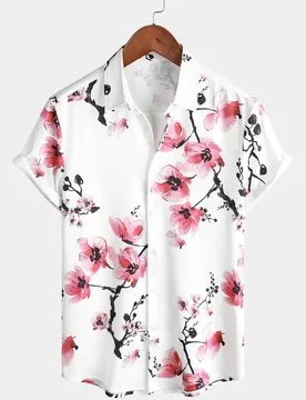 Men's Casual Pink Floral Print Summer Button Flower Short Sleeve Sakura Shirt Lapel Hawaiian Vacation Beach Shirt Ropa Hombre - Aliexpress - FashionsVida