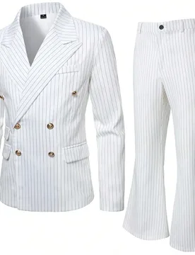 Conjunto de Traje Elegante y de Moda con Chaqueta de Doble Botonadura a Rayas & Pantalones para Hombre - Shein - FashionsVida