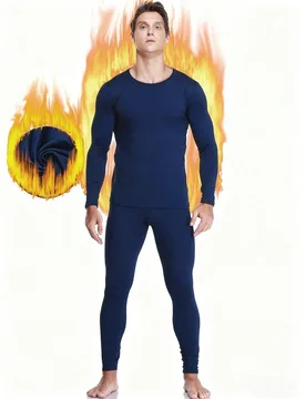 Conjunto de ropa interior térmica de cuello redondo de forro polar azul marino para hombre, conjunto de pijama de invierno cálido, ropa de invierno - Shein - FashionsVida