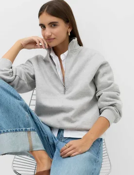 Pure Cotton Funnel Neck Half Zip Ultimate Sweatshirt Grey female - M&S - FashionsVida