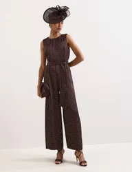 Polka Dot Belted Sleeveless Jumpsuit Brown Mix female