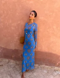 Mesh Eye Print Maxi Fitted Dress Blue Mix female