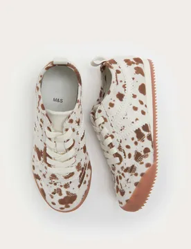 Kids' Cow Print Slim Sole Trainers (4 Small - 2 Large) Brown Mix male - M&S - FashionsVida