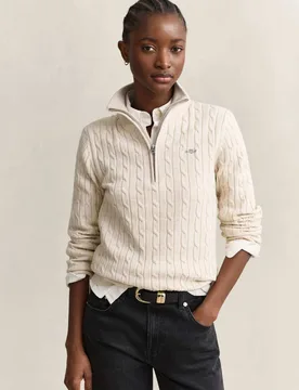 Cotton Rich Cable Knit Half Zip Jumper Stone female - Gant - FashionsVida