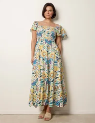 Frill Sleeveless Tropical Floral Print Dress - S / IVORY/YELLOW - female