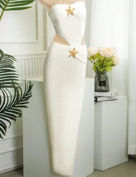 Vestido de playa para mujer, traje de baño de mujer, vestido de mujer, atuendo de playa de mujer con decoración de estrella de mar dorada de alta ca - Shein - FashionsVida
