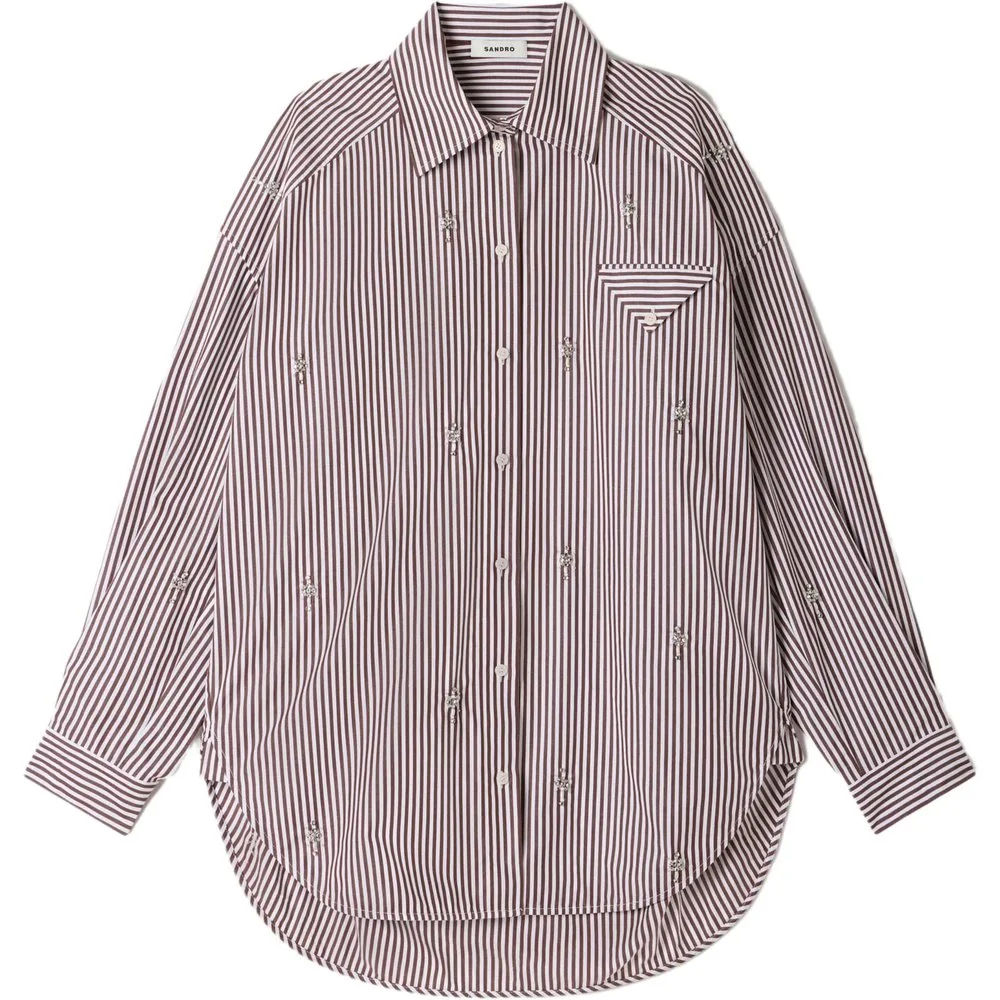 Camisa de mujer 100% algodón oversize a rayas y strass bordado - sandro - FashionsVida