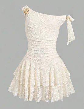 Vestido de fiesta asimétrico con hombros fruncidos y decoración de rosa metálica para niña preadolescente, elegante vestido de princesa para uso f - Shein - FashionsVida