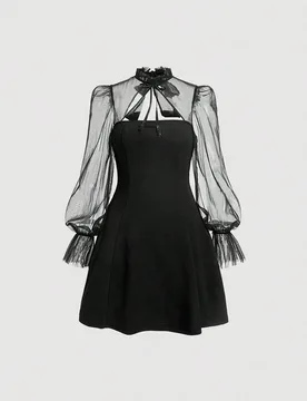 Vestido de manga larga con cuello de tortuga negro, mangas acampanadas de malla de contraste y cuello con lazo, transparente S - Shein - FashionsVida