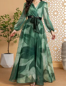 Vestido elegante de primavera con cuello en V, mangas farol y cinturón de color contrastante para vacaciones S - Shein - FashionsVida