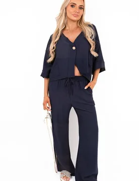 Women's Lyssa Button Front Wide Sleeve Top & Trouser Co-ord Set in Navy Size: Small/Medium - Navy - Size: S/M - IKRUSH - FashionsVida