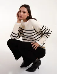 Horizontal Stripes Bow Button Detailed Jumper - M/L / STONE/BLACK - female