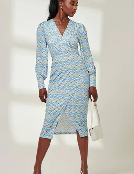 Women's Print Long Sleeve Jersey Pencil Dress in Blue Size: 14 - Blue - Size: 14 - Jolie Moi - FashionsVida