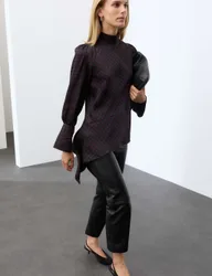 Satin Checked Tie Neck Asymmetric Blouse Red Mix female