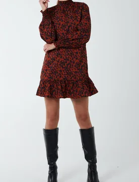 Abstract Print High Neck Mini Smock Dress - 12 / Rust - female - Blue Vanilla - FashionsVida