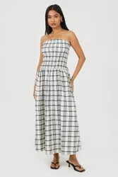 Womens Cream Gingham Sleeveless Ruched Bodice Midi Dress - Size X-Large