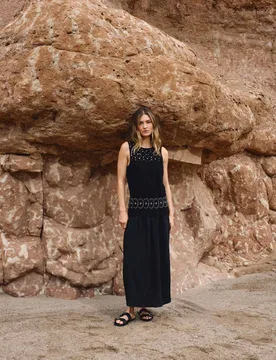 Pure Cotton Crochet Style Double Cloth Mix Midi Dress Black female - Per Una - FashionsVida