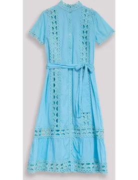 Vestido midi de algodón con encaje calado y cinturón - Niza - FashionsVida