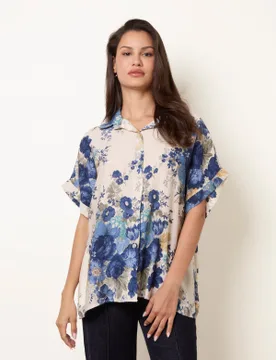 Floral Button Front Shirt - M/L / NAVY - female - Blue Vanilla - FashionsVida