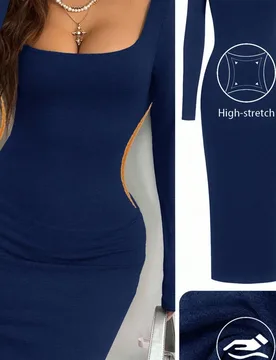 Vestido ajustado de manga larga con cuello cuadrado de punto básico gris para mujer, vestido ajustado de manga larga azul oscuro, vestido azul de man - Shein - FashionsVida