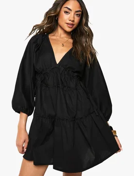 Womens Cotton Poplin Ruched Balloon Sleeve Smock Dress - Black - Size 8 Uk - Boohoo - FashionsVida
