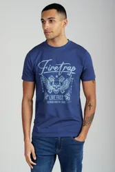 Mens Dark Blue Regular Fit Cotton Graphic Crew T-Shirt - Size Large