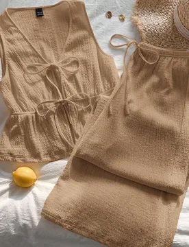 Conjunto informal de top sin mangas con nudo delantero de punto caqui y pantalones para vacaciones de mujer XL - Shein - FashionsVida