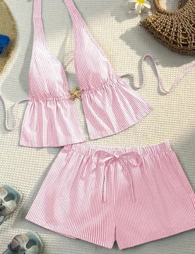 Conjunto de mujer de verano boho tropical sexy para playa y vacaciones, de tela de algodón, con camiseta de tirantes de escote en V profundo y pantal - Shein - FashionsVida