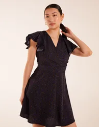 Leopard Print Wrap Ruffle Mini Dress - 10 / NAVY - female