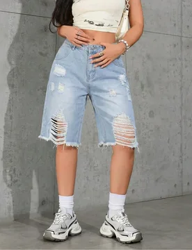Bermudas de mezclilla desgastadas y degradadas en estilo casual de verano S - Shein - FashionsVida