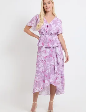 Womens Petite Floral Ruffle Peplum Midi Dress - Pink - Size 18 Uk - Wallis - FashionsVida