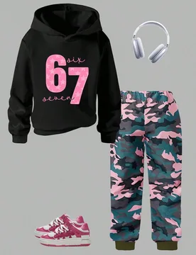 Set de 2 piezas de sudadera y pantalón de chándal informal y de moda para niñas, con diseño del número 67, sudadera de manga larga y pantalón de - Shein - FashionsVida