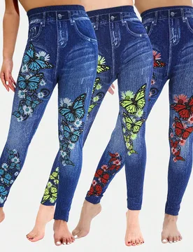 Pieza Leggings casuales de mujer para primavera y verano, tela de imitación de denim azul con estampado de mariposa, pantalones cortos de moda para c - Shein - FashionsVida