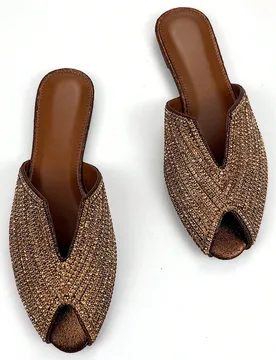 Mulas planas de tacón redondo con corte en V decorado con cristales, de tono bronce, de tela elegante y cómoda para uso diario y fiestas, zapatos de - Shein - FashionsVida