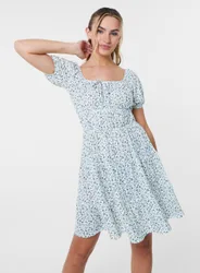 Womens Ditsy Puff Sleeve Tiered Mini Dress - Blue - Size Medium
