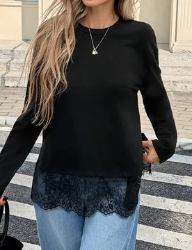 Camiseta de manga larga con cuello redondo, de algodón negro elegante, con patchwork de encaje y bajo dividido, para mujer, de estilo urbano, para br - Shein - FashionsVida
