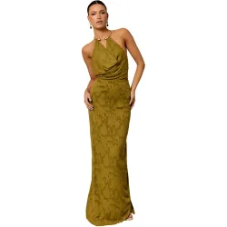 Vestido largo en tejido jacquard con cuello halter