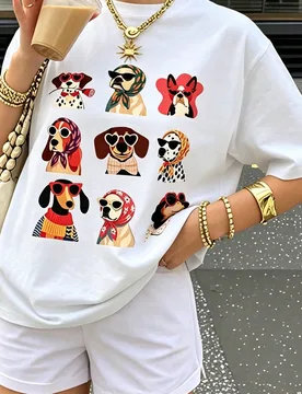 Camiseta de moda con estampado de perro, camiseta con estampado de cachorro lindo, estética de amante de mascotas universitaria, top casual de manga - Shein - FashionsVida