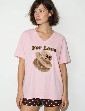 Womens Oversized V-Neck Printed T-Shirt - Blush - Size Large - Bianco Lucci - FashionsVida