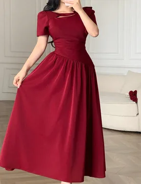 Nuevo vestido elegante con cuello hueco, cintura anudada y pliegues al estilo francés S - Shein - FashionsVida