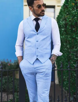 Mens Summer 2 Piece Suit Linen Formal Light Blue Waistcoat Trousers Cotton - Size 36" (Chest) 30" (Waist) - TruClothing - FashionsVida