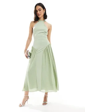 Womens Bridesmaid High Neck Maxi Dress With Full Skirt In Sage Green - Size 14 Uk - Tfnc - FashionsVida