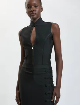 Women's Military Detail Figure Form Bandage Sleeveless Knit Top in Black Size: 18 - Black - Size: 18 - Karen millen - FashionsVida