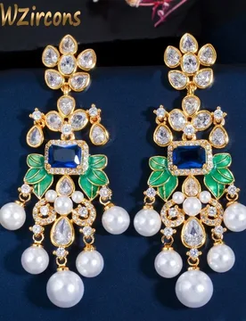 CWWZircons Flowers Cubic Zircon CZ Long Dangle Pearl Earrings for Women African Bridal Earring aretes de mujer modernos CZ656 - Aliexpress - FashionsVida