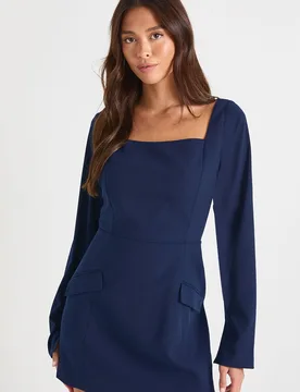Womens Tailored Square Neck Shift Dress - Navy - Size 14 Uk - Boohoo - FashionsVida