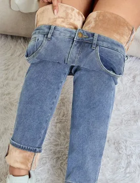 Jeans casuales de mujer con forro térmico de color claro para otoño e invierno, ropa de invierno, jeans azules de cintura media y ajuste ceñido con - Shein - FashionsVida