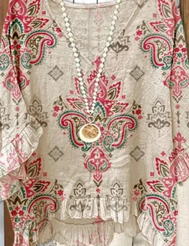 Blusa informal de talla grande para primavera/verano: Blusa holgada con cuello en V, mangas acampanadas y volantes, estampado de flores de anacardo en - Shein - FashionsVida